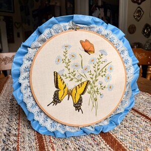 Vintage 1970s 3D Butterfly and Floral Themed Embroidery Hoop - Textile Art